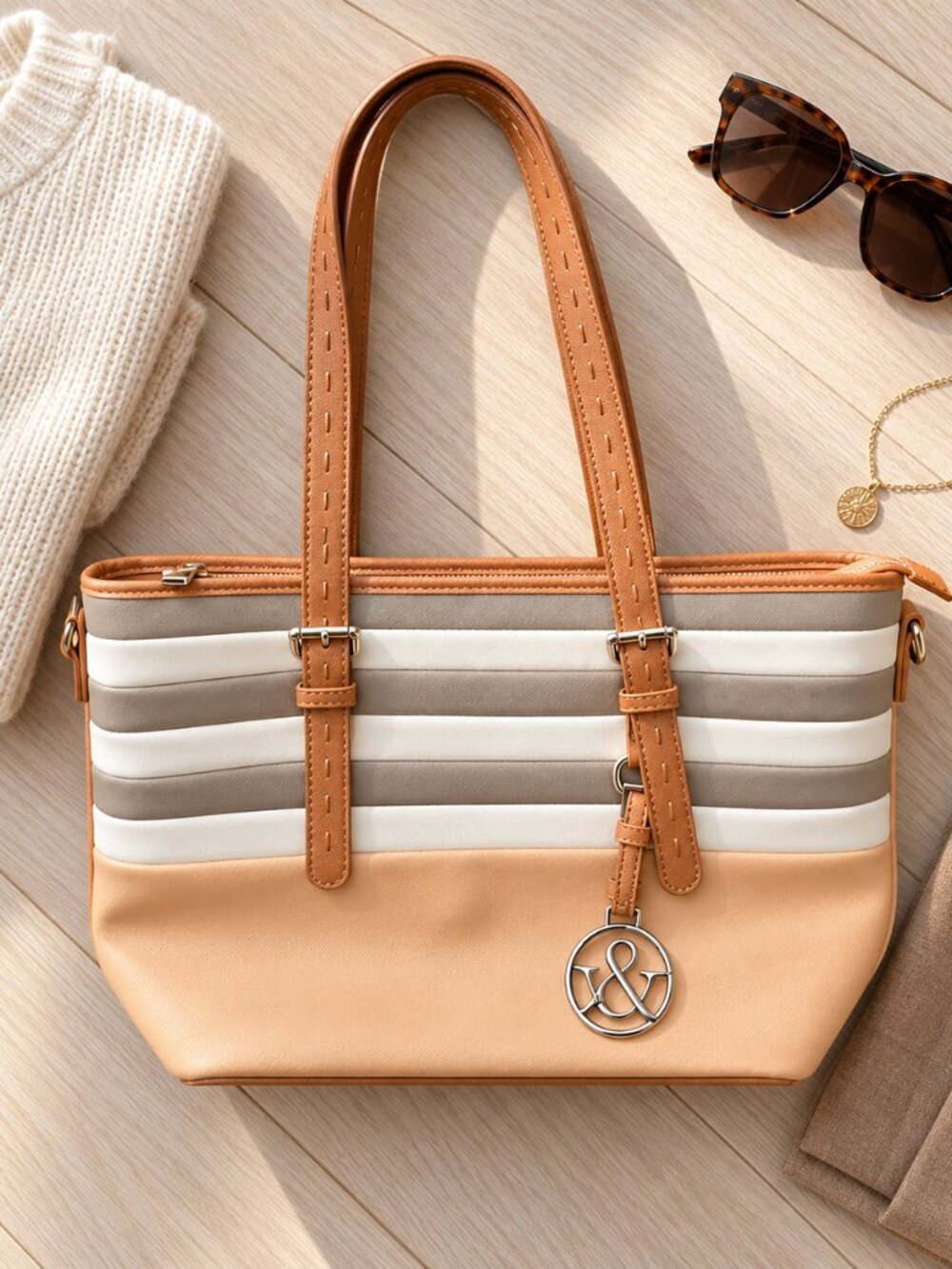 ✨Hue & Ash Neutral Color Block Striped Saffiano Leather Tote Shoulder Bag✨